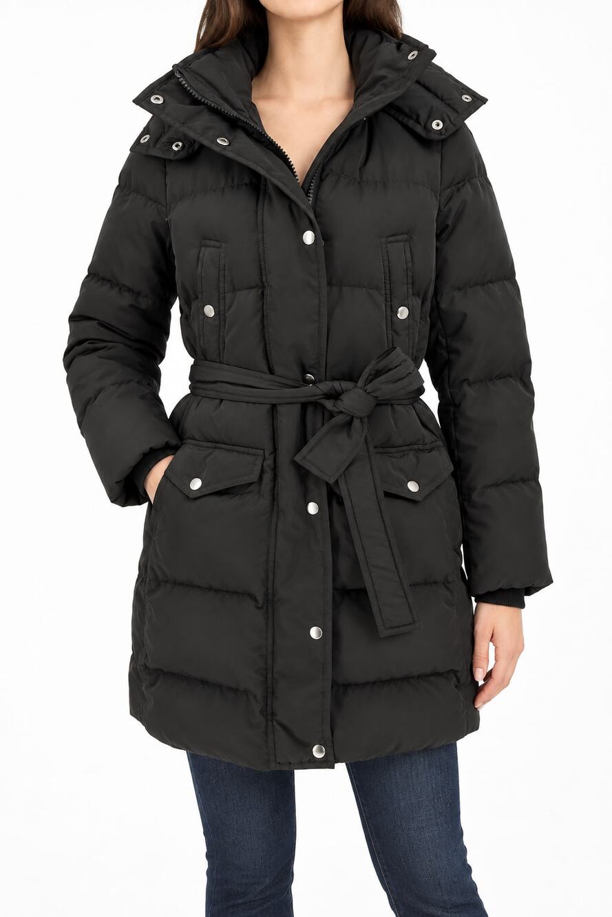 J.Crew Women's Black Removable Hood Belted Down Long Puffer Coat Parka Small